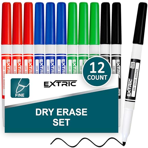 EXTRIC Dry Erase Markers Fine Tip, 12 Count Thin Whiteboard Markers, 4 Assorted Colors Fine Point Dry Erase Marker for Kids, Skinny Marker for Whiteboard - Image 1