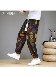 Mens Ethnic Lantern Trousers Loose Linen Print Harlan Casual Pants Imitation cowboy Black