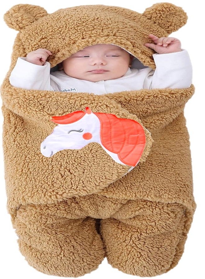 First Kick Baby Blankets New Born Velvet Pack of Hooded Supersoft Durable Wearable Unicorn Wrapper Durable Cum Baby Sleeping Bag for Babies (70 cm x 76 cm, 0-6 Months) Brown - Image 1