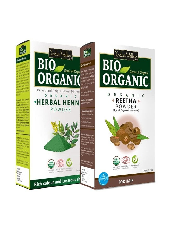 INDUS VALLEY Reetha Fruit Powder | Sapindus mukorossi With Herbal Henna Powder- 100% Natural, Pure and Organic For Hair and Skin Care (100g +100g=200g) - Image 1