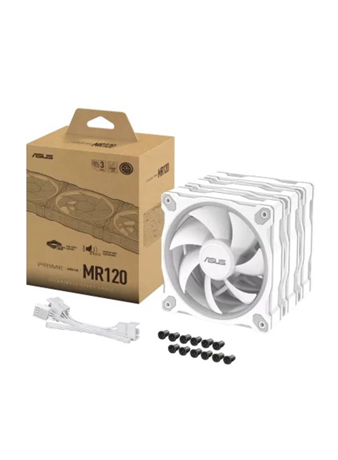 Prime MR120 ARGB 120mm PWM Sleeve Bearing Fan Triple Pack, 1600 RPM, 58 CFM Airflow, 1.7 mm H₂O Static Pressure, 21 dB(A) Noise, 20 Addressable Dual-Sided RGB LEDs, Aura Sync Compatible, White | 90DA00I3-B09020
