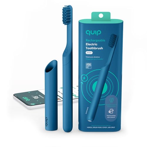 quip Quip Rechargeable Smart Sonic Toothbrush for Adults Timed Electric Toothbrush with Bluetooth Rewards App Replaceable Brush Head Soft Bristles Plastic Handle Travel Toothbrush Ocean Blue