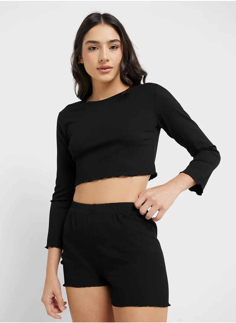 Ginger Soft Touch Long Sleeves Top & Short Pj Set With Lettuce Hem
