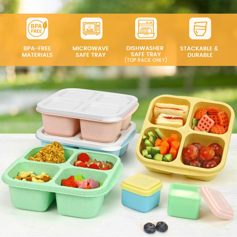 Caperci Lunchable Snack Containers - 4 Compartments Bento Snack Boxes (4 Pack) with 2 Leakproof Sauce Cups, Reusable Divided Food Containers for School, Work, Travel (Vintage Colors) - Image 4