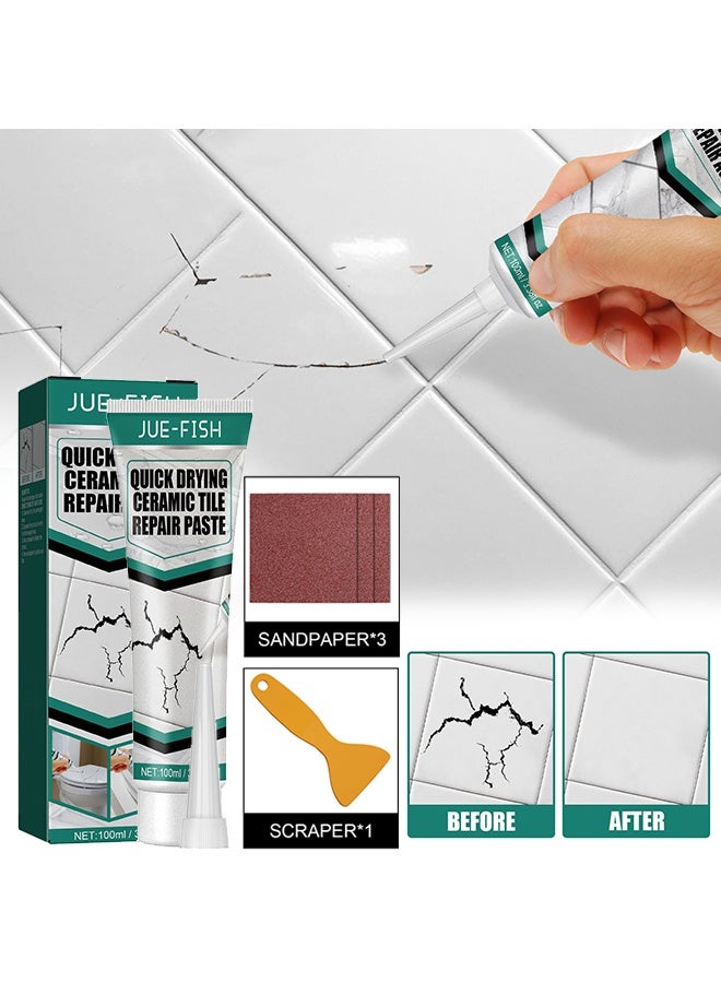 JUE-FISH Quick Drying Ceramic Tile Repair Paste，Ceramic Tile Repair Paste Quick Drying Waterproof Toilet Tub Repair Kit with 3 Sandpaper & 1Scraper, Renew, Repair & Refresh 100ml - Image 1