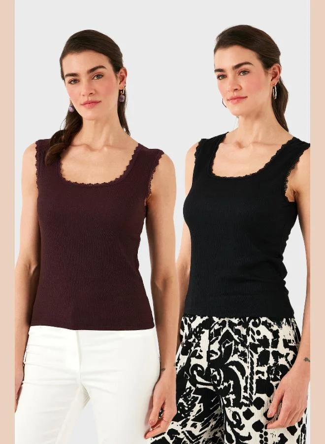 Lela Lela Slim Fit Thick Lace Square Neck Crinkle Fabric 2-Pack Women's Tank Top 5864979S2