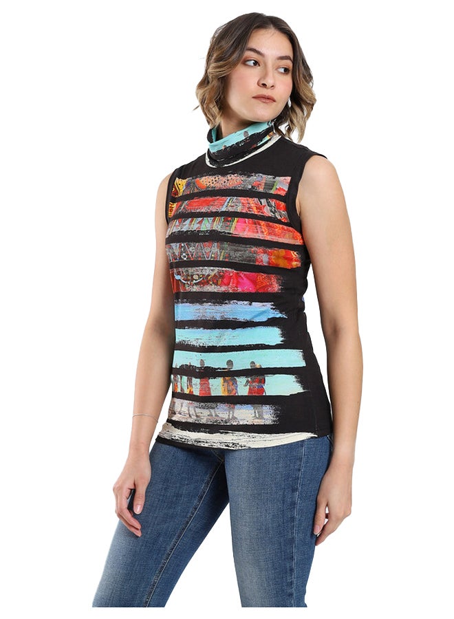 Esla Multicolored Abstract Print Sleeveless Turtleneck Top - Image 2