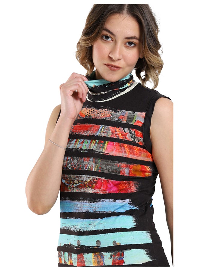 Esla Multicolored Abstract Print Sleeveless Turtleneck Top - Image 4