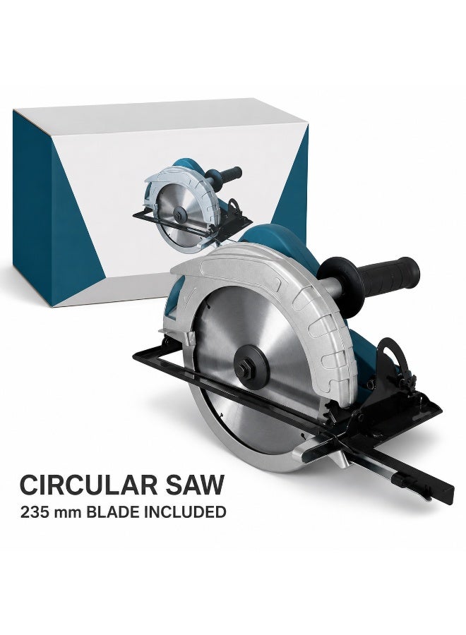 Electric Circular Saw, 235mm Handheld Wood Cutting Tool with Adjustable Depth and Angle, Metal Guide Base and Dual Handle - Image 1