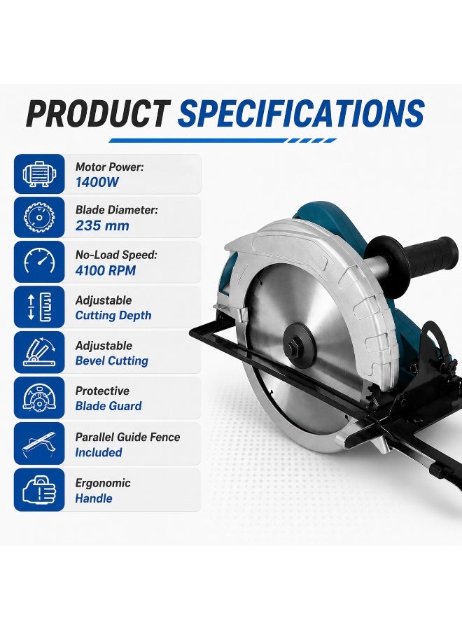 Electric Circular Saw, 235mm Handheld Wood Cutting Tool with Adjustable Depth and Angle, Metal Guide Base and Dual Handle - Image 4