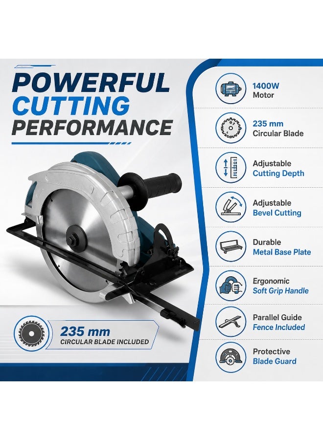 Electric Circular Saw, 235mm Handheld Wood Cutting Tool with Adjustable Depth and Angle, Metal Guide Base and Dual Handle - Image 2