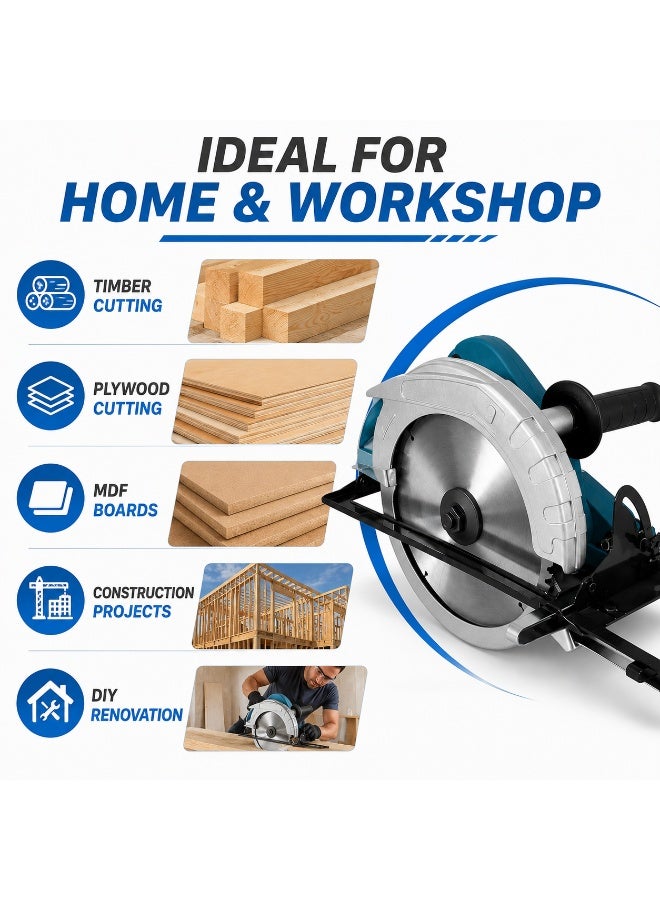 Electric Circular Saw, 235mm Handheld Wood Cutting Tool with Adjustable Depth and Angle, Metal Guide Base and Dual Handle - Image 3