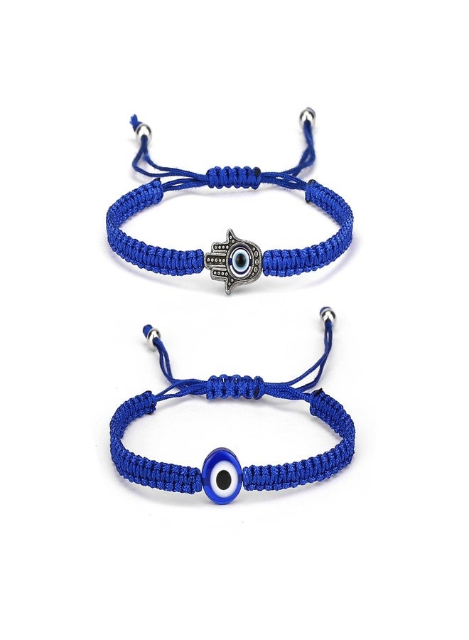 POYAMUSE Set of Evil Eye & Hamsa Hand Braided Adjustable Bracelets - Protective Good Luck Jewelry for Men and Women - Thread Rope String Amulet Bracelets for Family Frends - Blue - Image 1