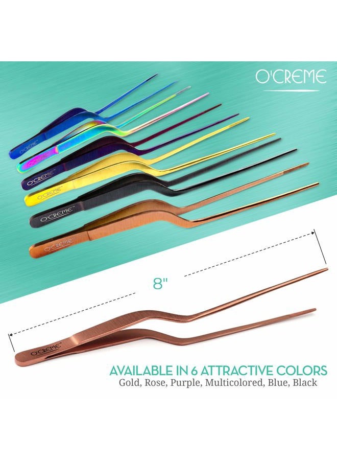 O'Creme 8 Inch Gold-Colored-Exterior Stainless Steel Precision Kitchen Culinary Offset Tweezer Tongs - Image 4