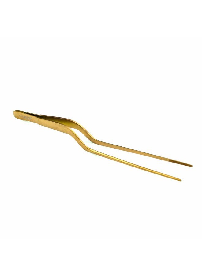 O'Creme 8 Inch Gold-Colored-Exterior Stainless Steel Precision Kitchen Culinary Offset Tweezer Tongs - Image 1