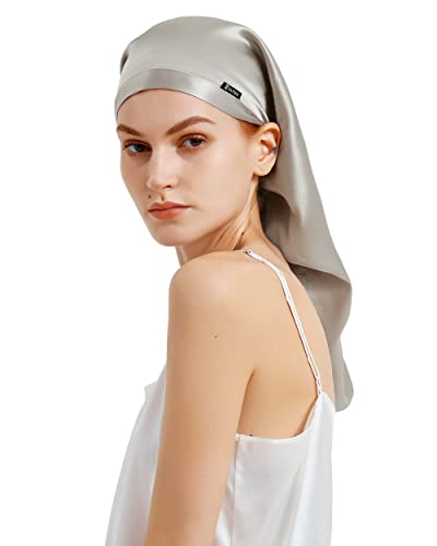 LilySilk Mulberry Silk Sleep Cap 100 19 Momme Long Silk Bonnet for Curly Hair Night Cap for Sleeping Silk Hair Wrap for Women Silvergray - Image 2