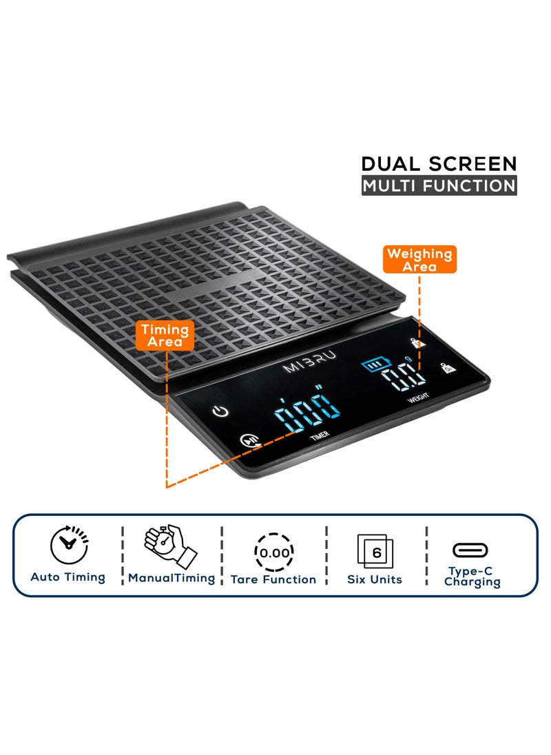 MIBRU - Coffee Scale With Timer Kitchen Scale Pour Over V60 Drip Coffee Digital Scale For Cooking Baking Waterproof Mat Weight For Up To 3000G With 0.1G Steps - Image 1
