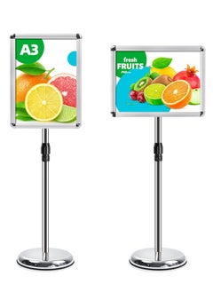 A3 Sign Stand Adjustable Poster Aluminum Snap Frame Menu Replaceable Advertising Rack Floor Display Stands with Safety Corner and Stable Round Base (Silver, A3)