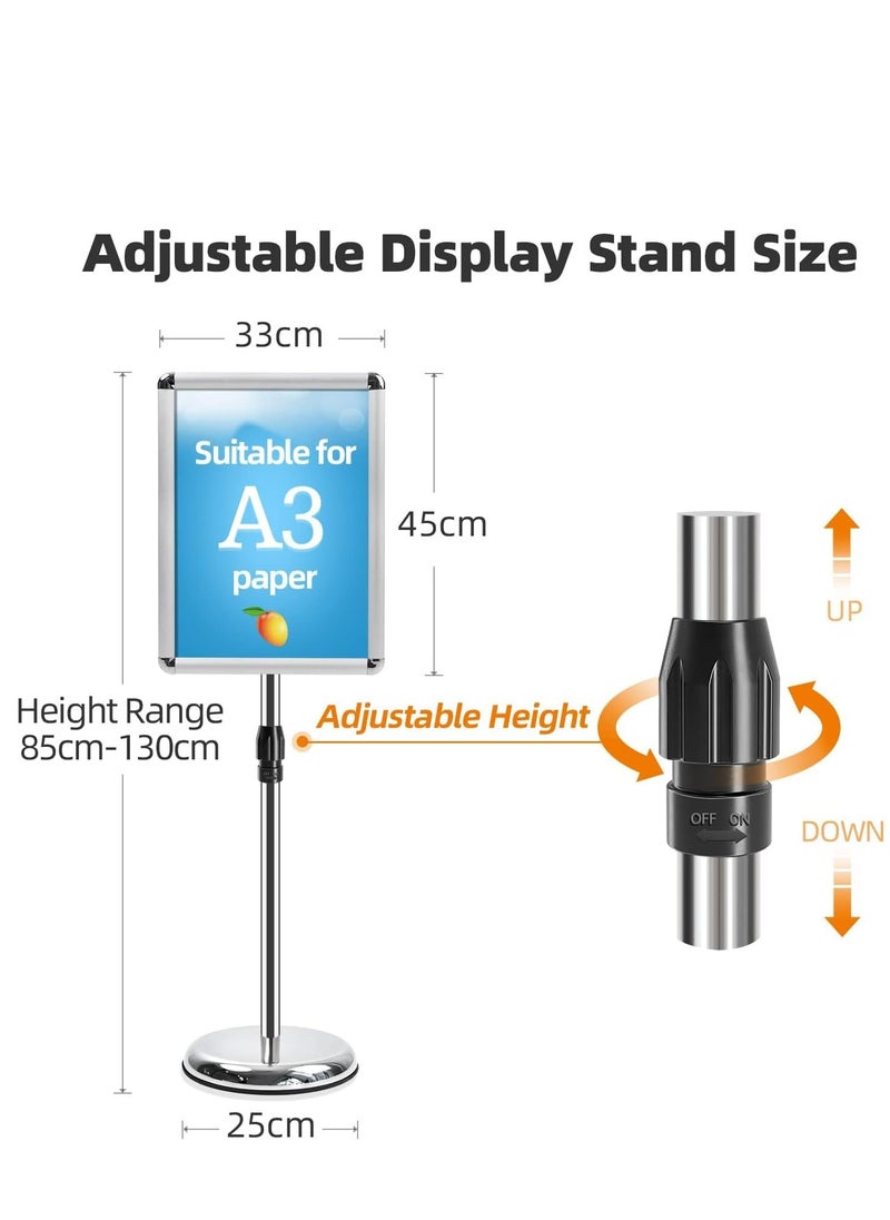 SYOSI - A3 Sign Stand Adjustable Poster Aluminum Snap Frame Menu Replaceable Advertising Rack Floor Display Stands with Safety Corner and Stable Round Base (Silver, A3) - Image 1