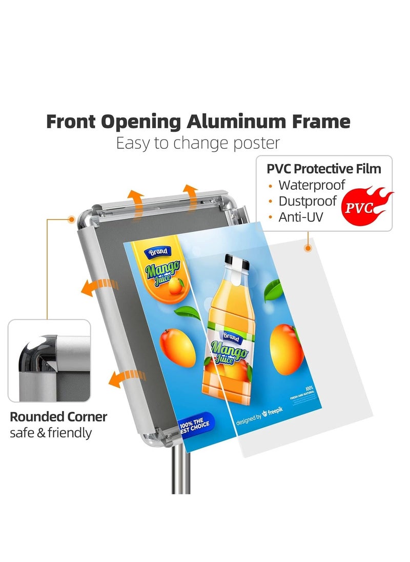 SYOSI - A3 Sign Stand Adjustable Poster Aluminum Snap Frame Menu Replaceable Advertising Rack Floor Display Stands with Safety Corner and Stable Round Base (Silver, A3) - Image 1