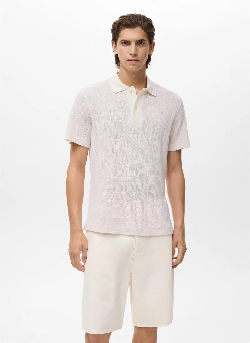 Mango Man Openwork knitted cotton polo shirt