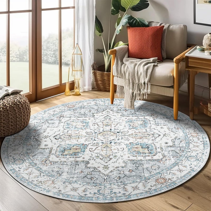 jinchan Round Rug 4ft Area Rug - Machine Washable 4'Circle Vintage Floral Non-Slip with Rubber Backing Ultra-Thin Low-Pile Carpet for Living Room Dining Room Entryway (4'Round, Grey/Blue) - Image 1