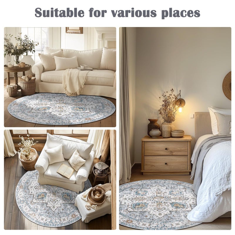 jinchan Round Rug 4ft Area Rug - Machine Washable 4'Circle Vintage Floral Non-Slip with Rubber Backing Ultra-Thin Low-Pile Carpet for Living Room Dining Room Entryway (4'Round, Grey/Blue) - Image 3
