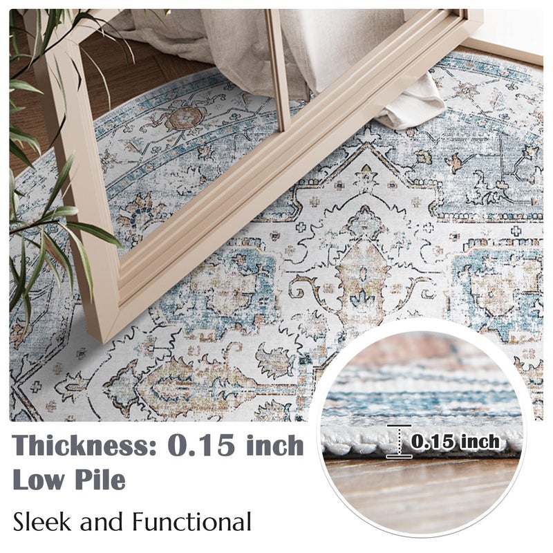 jinchan Round Rug 4ft Area Rug - Machine Washable 4'Circle Vintage Floral Non-Slip with Rubber Backing Ultra-Thin Low-Pile Carpet for Living Room Dining Room Entryway (4'Round, Grey/Blue) - Image 2