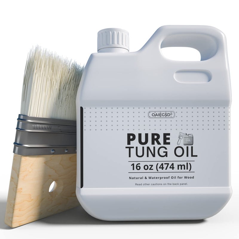 OAIEGSD 16oz 100 Pure Tung Oil for Wood Outdoor with Brush Safe Food Grade Tung Oil for Wood Finish Natural Waterproof Sealer Can Used on Cutting Boards Outdoor Furniture Butcher Blocks by OAIEGSD