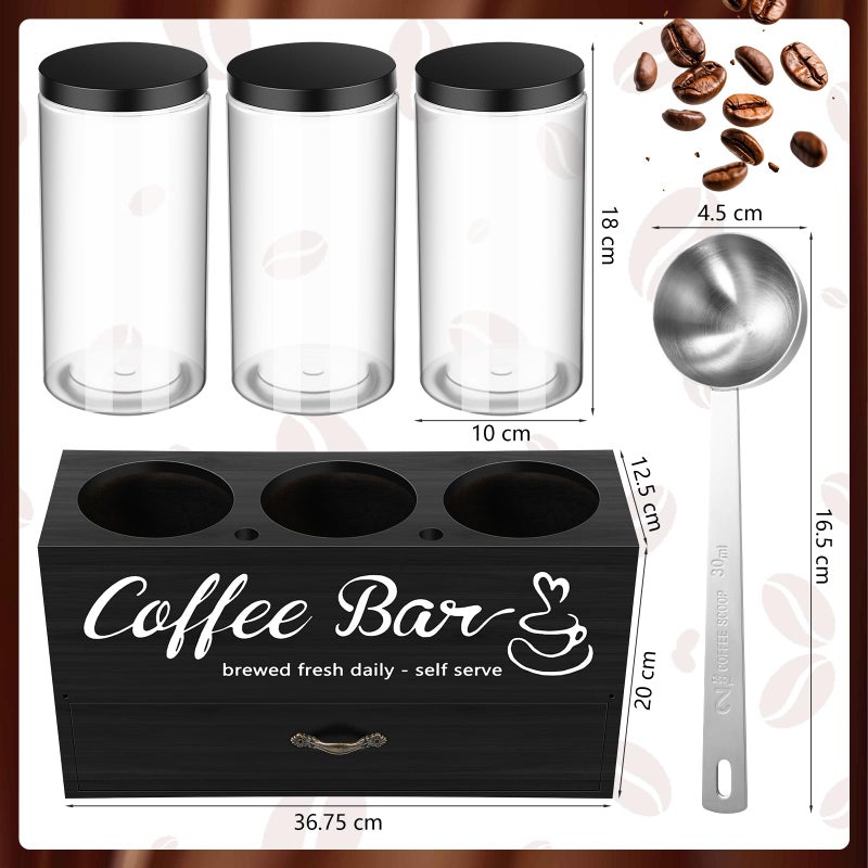 Skybooly 3 Pcs Coffee Canister Set with Shelf and Spoon Plastic Coffee Bean Storage Container with Lids Coffee Storage Box with Drawer Food Storage Jars for Coffee Bar Kitchen (Black) - Image 2