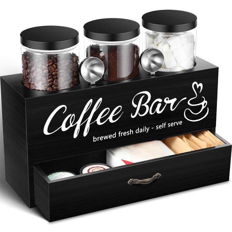 Skybooly 3 Pcs Coffee Canister Set with Shelf and Spoon Plastic Coffee Bean Storage Container with Lids Coffee Storage Box with Drawer Food Storage Jars for Coffee Bar Kitchen (Black) - Image 1