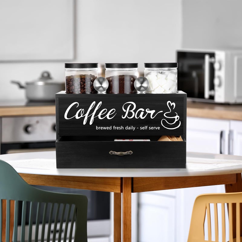 Skybooly 3 Pcs Coffee Canister Set with Shelf and Spoon Plastic Coffee Bean Storage Container with Lids Coffee Storage Box with Drawer Food Storage Jars for Coffee Bar Kitchen (Black) - Image 4