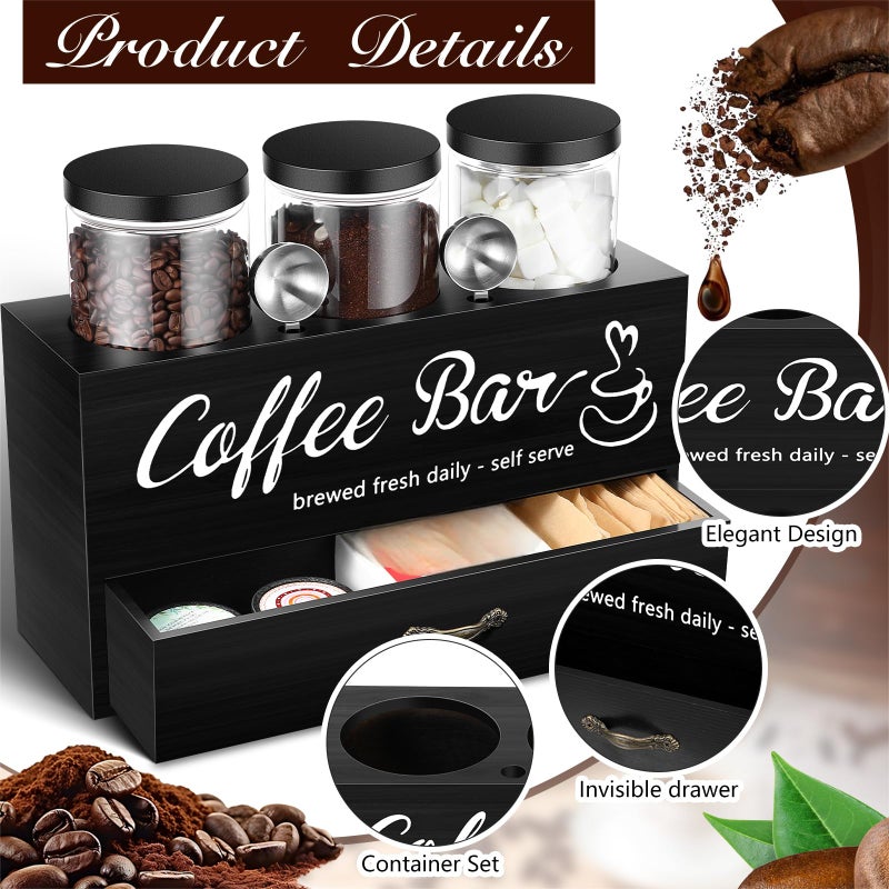 Skybooly 3 Pcs Coffee Canister Set with Shelf and Spoon Plastic Coffee Bean Storage Container with Lids Coffee Storage Box with Drawer Food Storage Jars for Coffee Bar Kitchen (Black) - Image 3