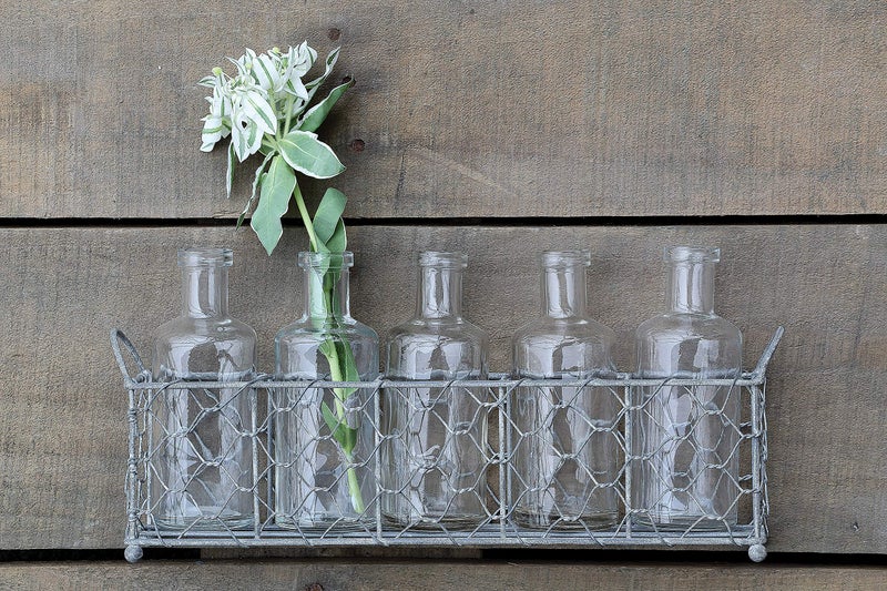 Creative Co-Op Wire Holder with 5 Glass Vase Bottles - Image 4