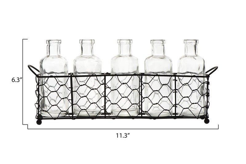 Creative Co-Op Wire Holder with 5 Glass Vase Bottles - Image 3