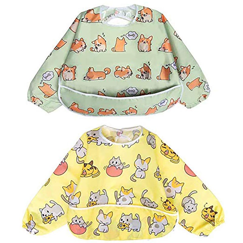 Little Dimsum Full Sleeved Feeding Bib 2 Pack,Baby & Toddler Waterproof Bib Apron,Food Protection Large Pocket Eating Smock 6-36 Months (Little Puppy/Little Cat) - Image 1