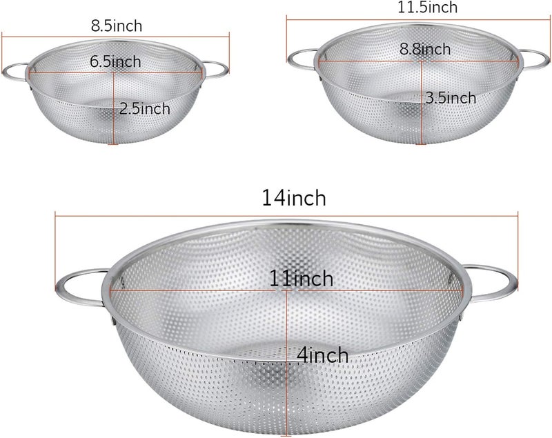 P&P CHEF Colander Set of 3, Stainless Steel Micro-Perforated Colanders Strainers for Draining Rinsing Washing, Ideal for Pasta Vegetables Fruits, Heavy Duty & Dishwasher Safe - 1/3/5 Quart - Image 5