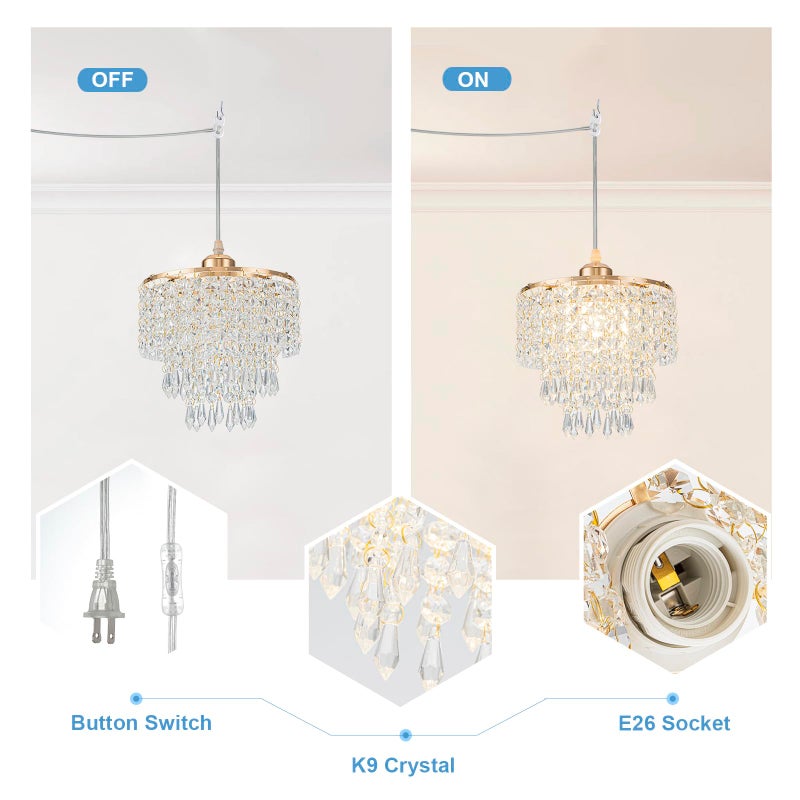 HongnuoFc 8" Plug in Pendant Light Corded Hanging Lights with Plug in Cord Hanging Lamp Plug in with 16.4 Ft Cord Mini Chandelier for Bedroom Kitchen Island Hallway Bathroom Closet (Gold) - Image 5