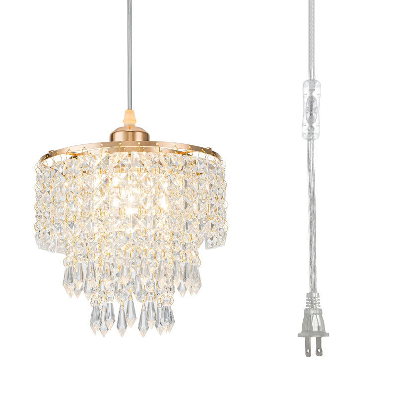 HongnuoFc 8" Plug in Pendant Light Corded Hanging Lights with Plug in Cord Hanging Lamp Plug in with 16.4 Ft Cord Mini Chandelier for Bedroom Kitchen Island Hallway Bathroom Closet (Gold) - Image 1