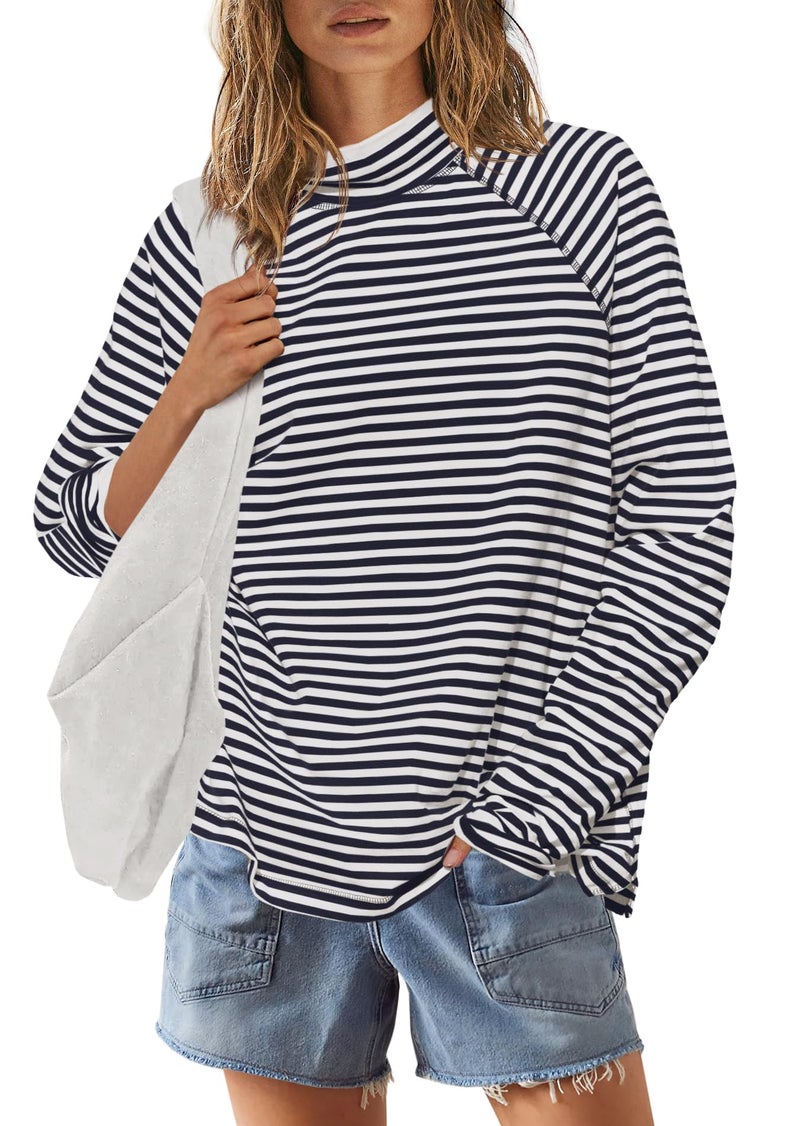 Yanekop Womens Striped Mock Neck Shirts Oversized Long Sleeve Tops Casual Pullover Tops Fall Fashion Basic Tees(Black White Combo,S) - Image 2