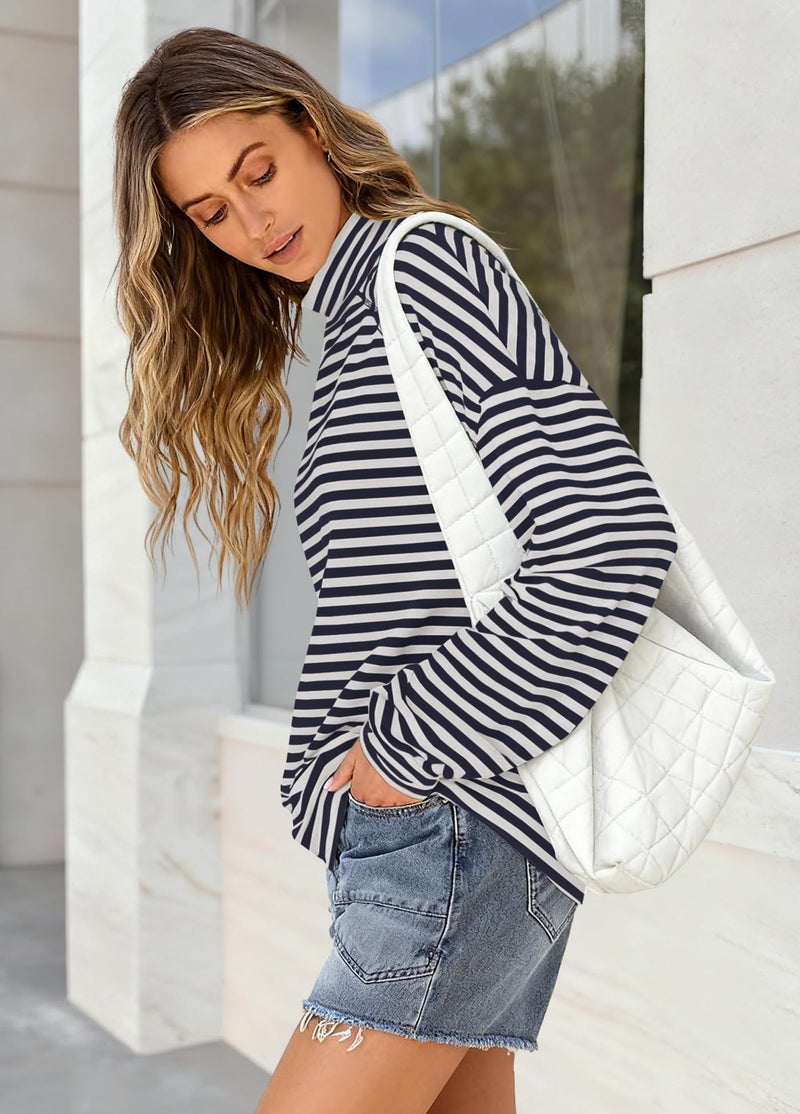 Yanekop Womens Striped Mock Neck Shirts Oversized Long Sleeve Tops Casual Pullover Tops Fall Fashion Basic Tees(Black White Combo,S) - Image 4