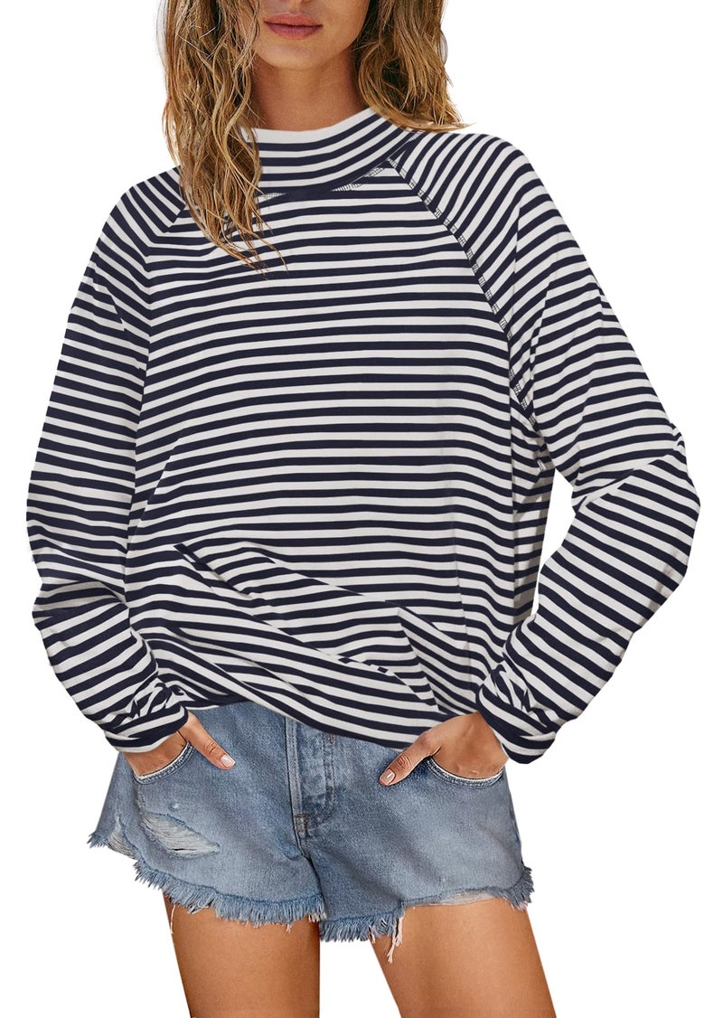 Yanekop Womens Striped Mock Neck Shirts Oversized Long Sleeve Tops Casual Pullover Tops Fall Fashion Basic Tees(Black White Combo,S) - Image 1