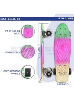 STRAUSS STRAUSS Cruiser Penny Skateboard, Anti-Skid Board with ABEC-7 High Precision Bearings, PU Light-Up Wheels, for Ages 8+ (22 X 6 Inch, Green, Pink, Yellow)  - Image 3