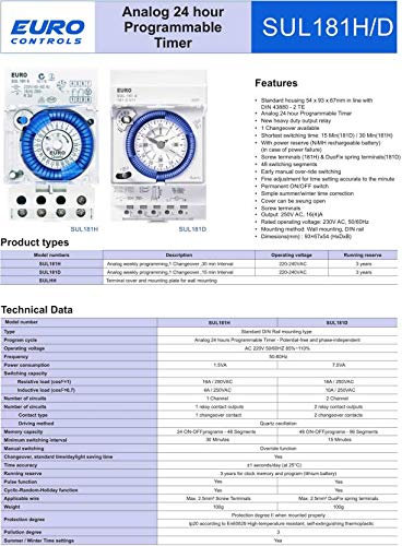 EuroControls Euro German SUL181H Analog Programmable Timer Switch 24 Hour - AC 220V 16A - 30 Min Interval - Can be Mount on Din Rail - Reliable - Simple - Proven - Image 5