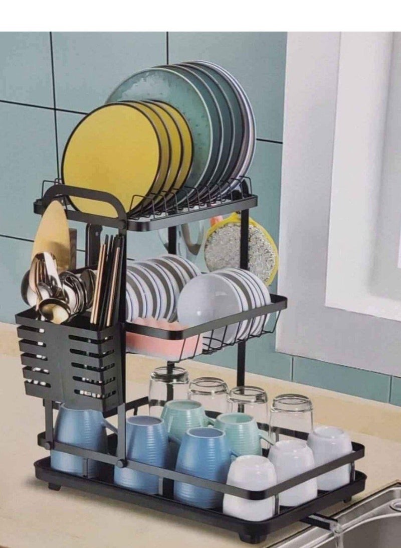 Dish Drying Rack, 3-Tier Large Capacity Kitchen Dish Rack Drainboard Set,Rust-Proof Dish Drainer Rack with Drip Tray & Utensil Holder - Image 2