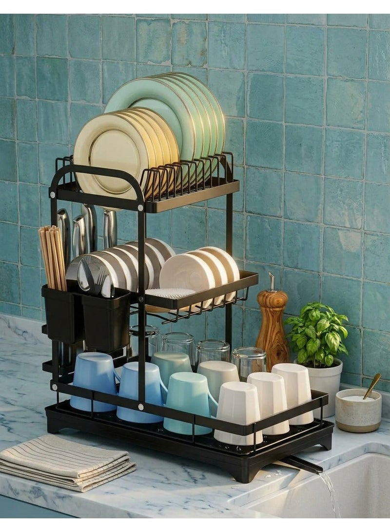 Dish Drying Rack, 3-Tier Large Capacity Kitchen Dish Rack Drainboard Set,Rust-Proof Dish Drainer Rack with Drip Tray & Utensil Holder - Image 1