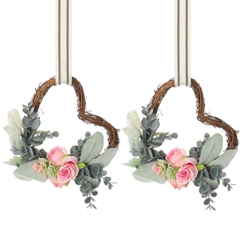 PartyforU Mini Heart Wreaths for Kitchen Cabinets - 2 Pcs 6 Inch Grapevine Valentines Day Wreath with Rose and Eucalyptus for Front Door, Rustic Cabinet Heart Decor for Farmhouse Spring Summer Indoor Outdoor - Image 1