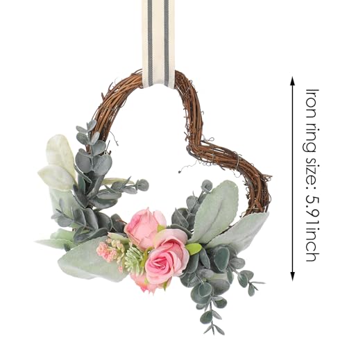 PartyforU Mini Heart Wreaths for Kitchen Cabinets - 2 Pcs 6 Inch Grapevine Valentines Day Wreath with Rose and Eucalyptus for Front Door, Rustic Cabinet Heart Decor for Farmhouse Spring Summer Indoor Outdoor - Image 5