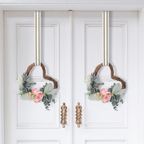 PartyforU Mini Heart Wreaths for Kitchen Cabinets - 2 Pcs 6 Inch Grapevine Valentines Day Wreath with Rose and Eucalyptus for Front Door, Rustic Cabinet Heart Decor for Farmhouse Spring Summer Indoor Outdoor - Image 3