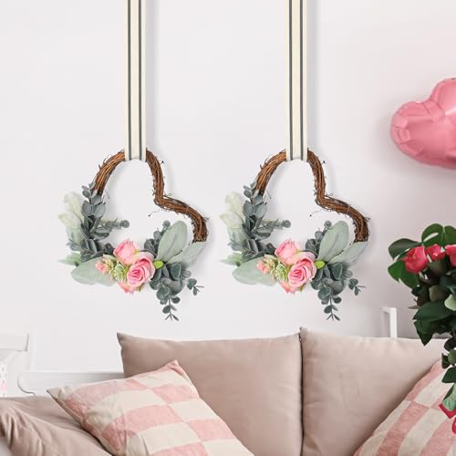 PartyforU Mini Heart Wreaths for Kitchen Cabinets - 2 Pcs 6 Inch Grapevine Valentines Day Wreath with Rose and Eucalyptus for Front Door, Rustic Cabinet Heart Decor for Farmhouse Spring Summer Indoor Outdoor - Image 4